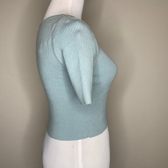 Pale Sage Green Cropped Ribbed Short Sleeve Sweater Sz Small - Picture 4 of 7